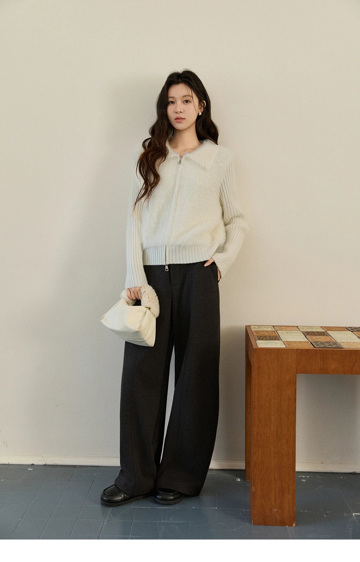 MISHOW Women's White Faux Fur Knit Cardigan 2025 Autumn Winter Fake Two-Piece Zipper Lapel Collar Warm Soft Outerwear MXE94Z2992