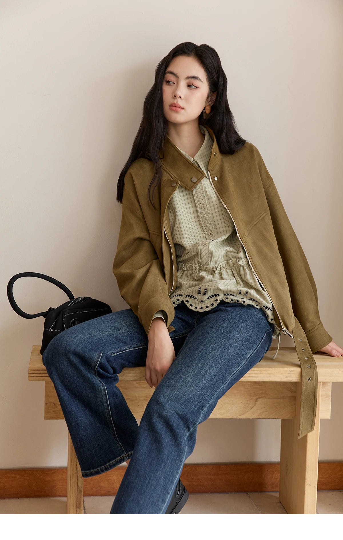 MISHOW Green Striped Shirt for Women 2025 Autumn New Fashion Design Embroidery Loose Casual Tops Commuting Shirt MXE49C2414