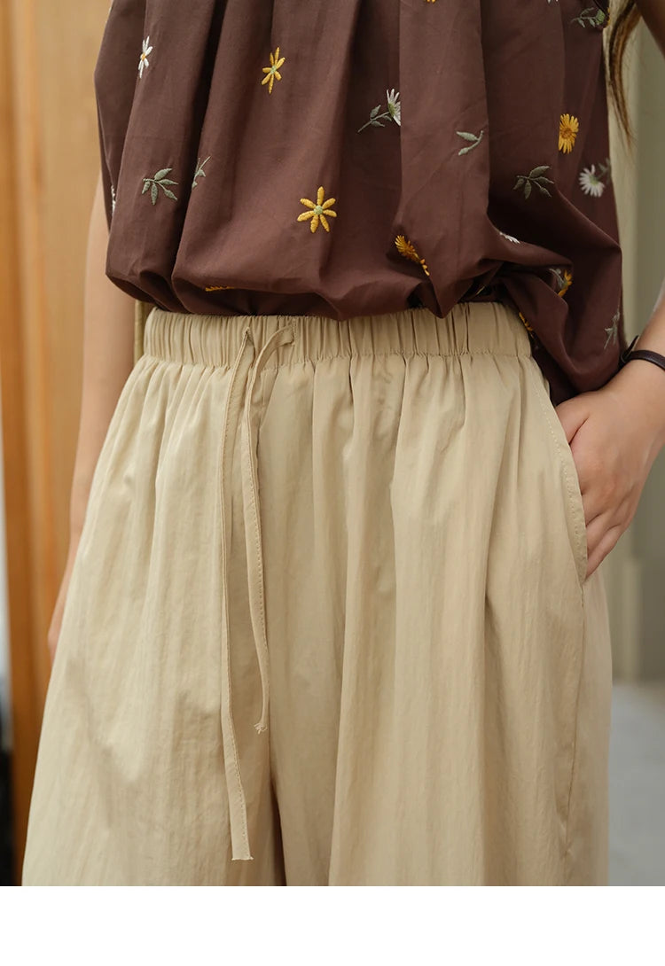 MISHOW Women's Two Piece Set 2025 Summer New Embroidery Hanging Neck Sleeveless Top Retro Khaki Wide Leg Pants Set MXE39T0713