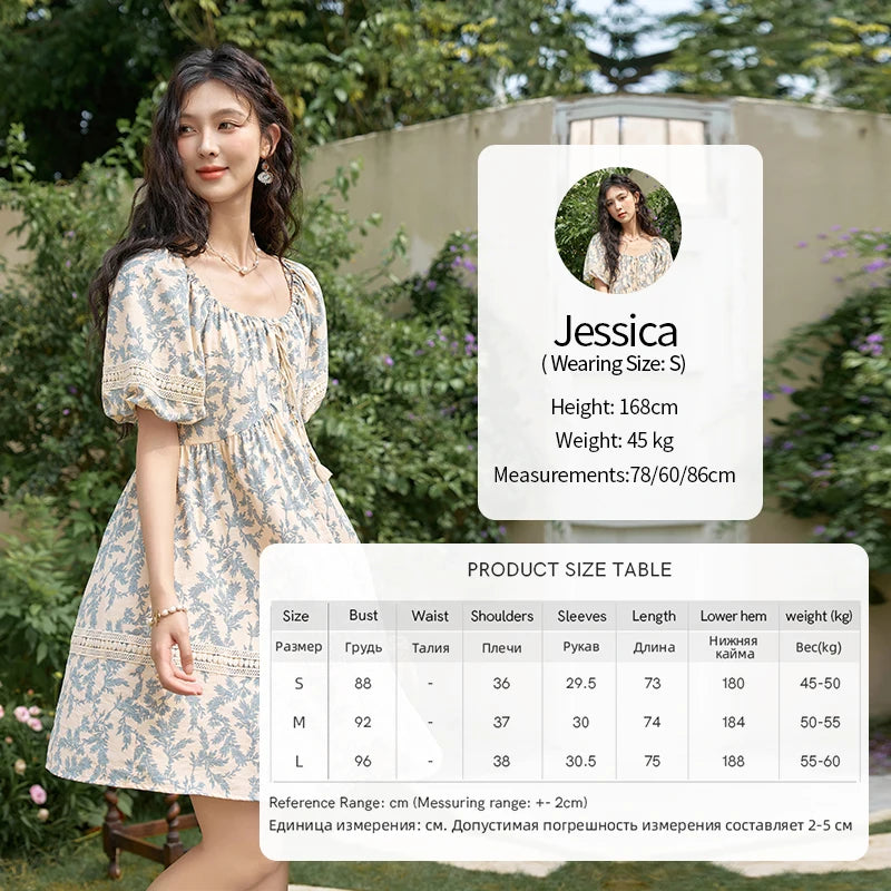 MISHOW French Floral Printing Dress for Women 2024 Summer Vacation U Neck Lace-up Bubble Sleeve Loose Doll Dresses MXD27L1898