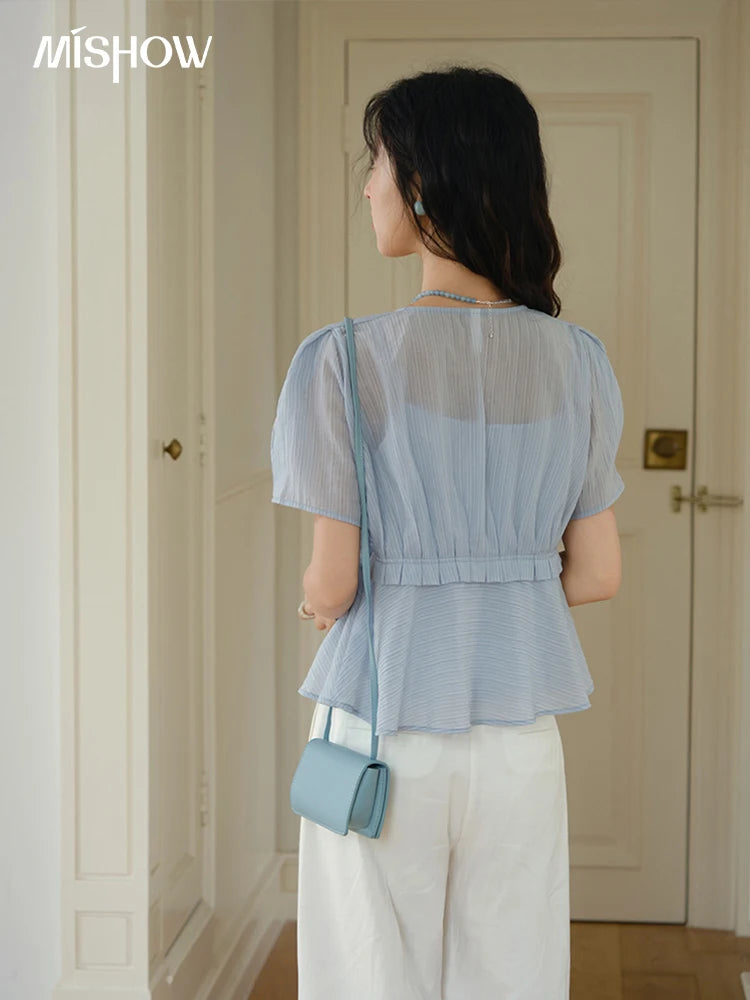 MISHOW Women's Fashion V-neck Blouse Summer 2025 New Splicing Button Commut Ladies Lace Up Casual Short Sleeve Top MXE34X1821