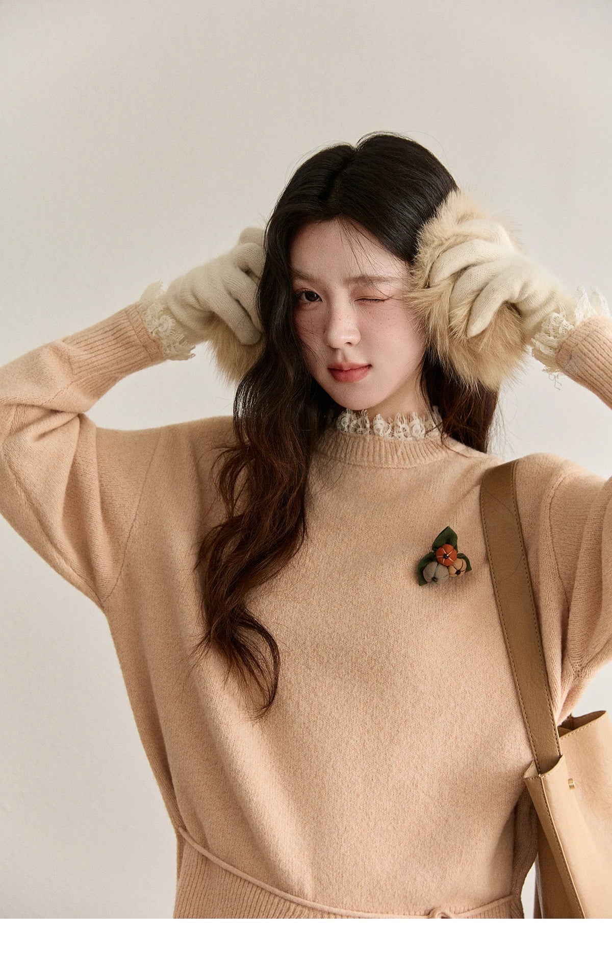 MISHOW Lace Trim Knitted Sweater Midi Skirt Set 2025 Winter Non Removable Brooch Decor Sweater Back Split Skirt Sets MXE92T1450