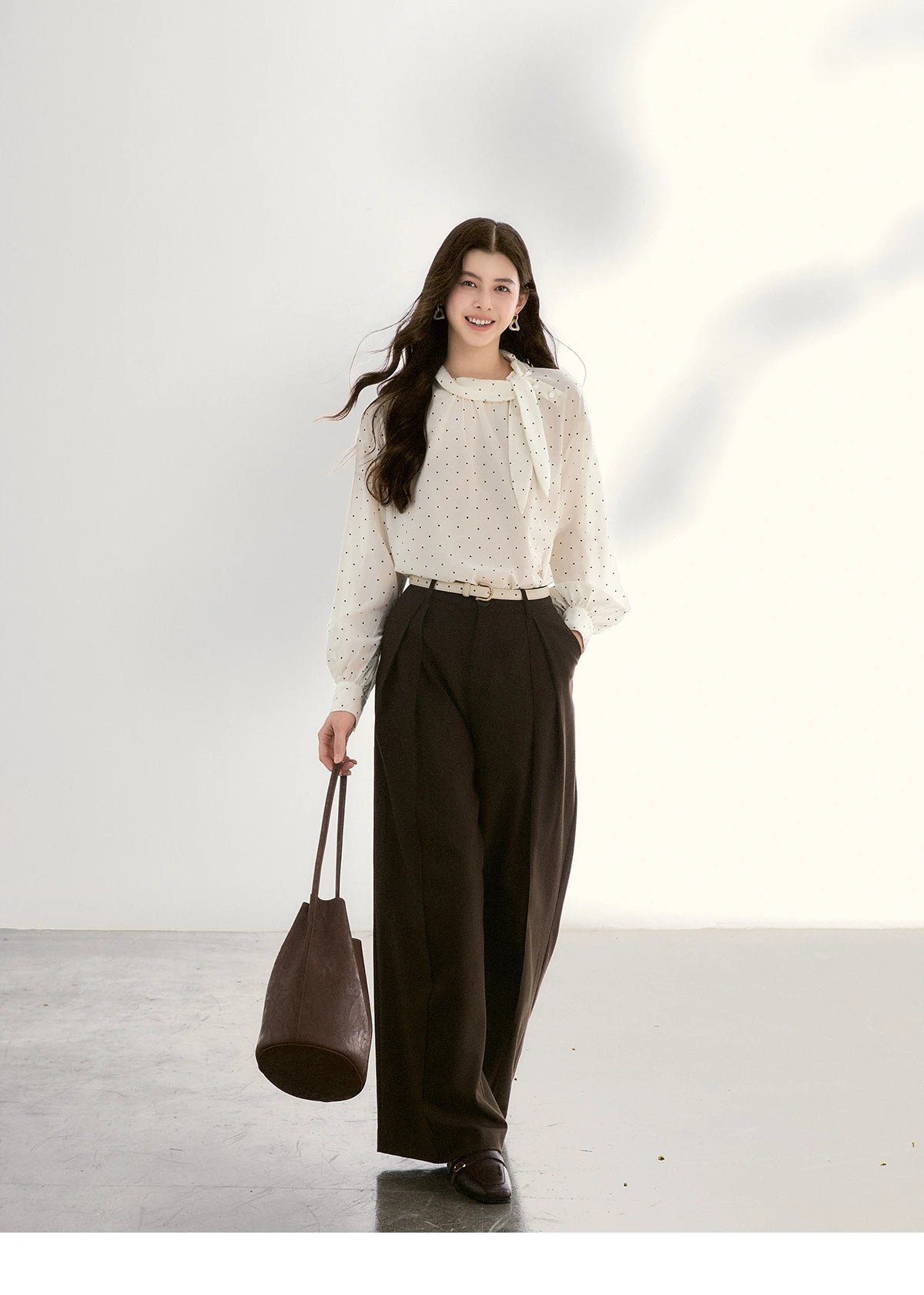 MISHOW Women's White Polka Dot Blouse Spring Bow Tie Neck Sheer Chiffon Blouses Casual Long Sleeve Top Office Lady MXF13X2531