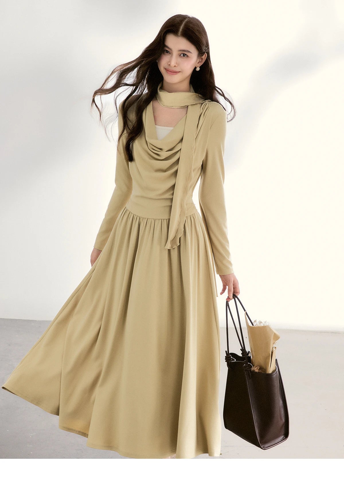 Mishow Khaki Swinging Collar Scarf Waist Dress MXF11L2552