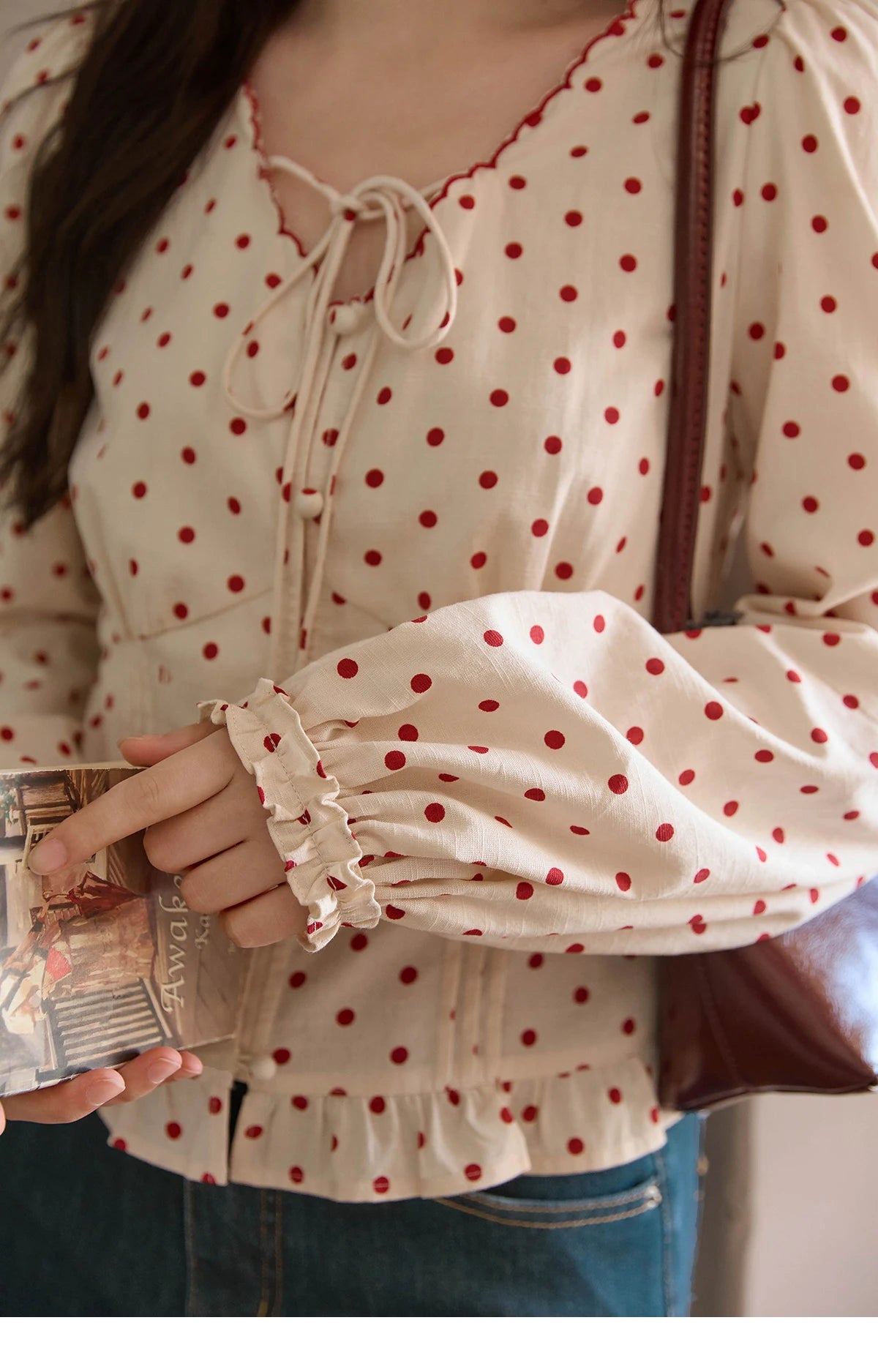 MISHOW Apricot Bottom Red Polka Dot Shirt for Women Autumn 2025 Korean Ruffled Edges Shirts V-neck Lace-up Sweet Top MXE42X1971