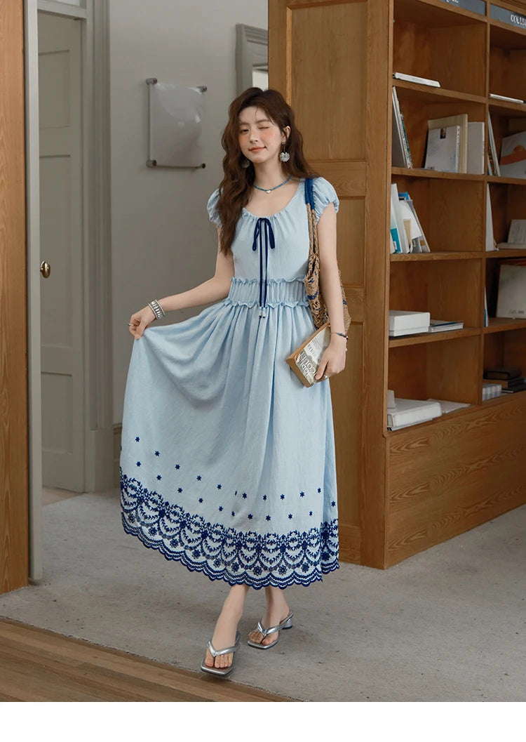 MISHOW Women's Bohemian Embroidery Dress 2025 Summer Ladies Fashion V-neck Lace Up Flower Bud Sleeve Blue Long Dress MXE36L2244