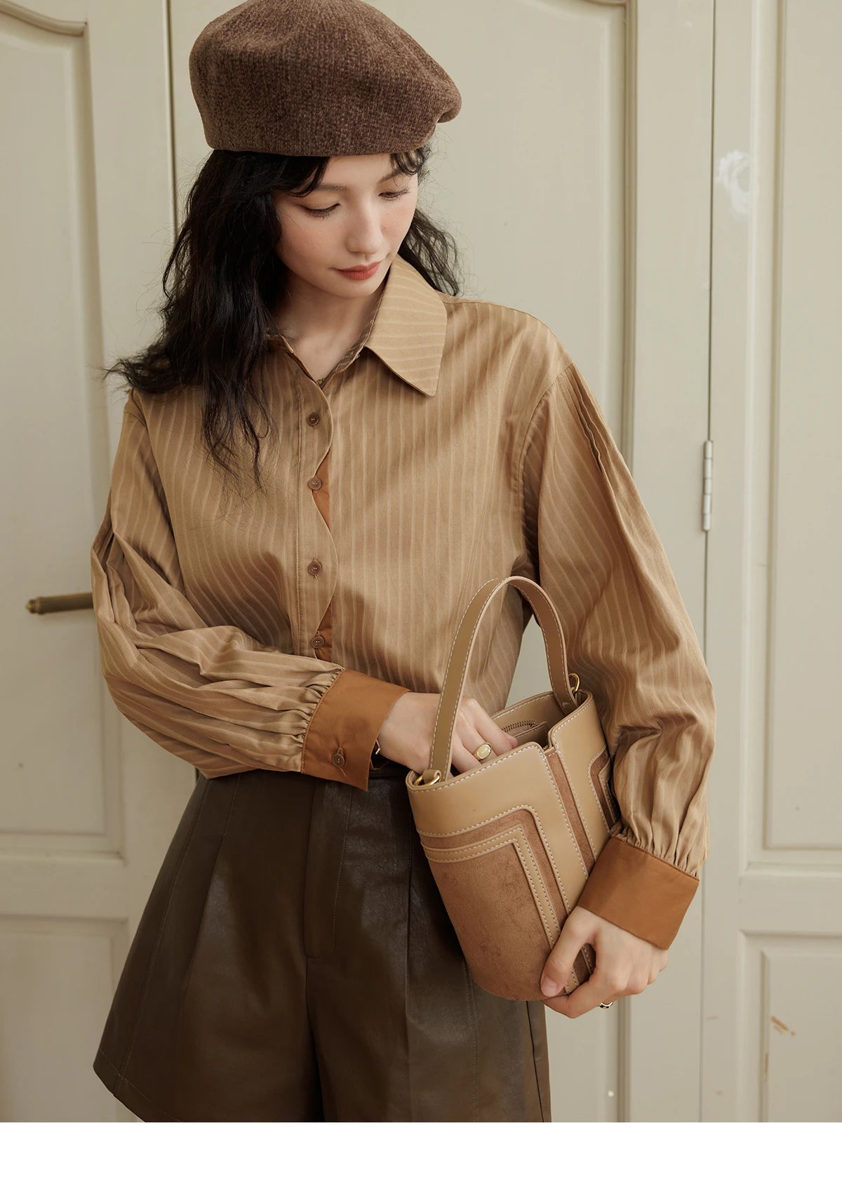 MISHOW Striped Casual Shirt for Women 2024 Autumn Retro Lapel Long Sleeve Top Contrasting Cuffs Shirts Office Lady MXD42C0301