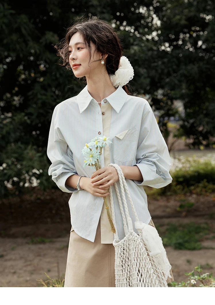 MISHOW Light Blue Striped Shirt for Women Spring 2025 Contrast Color Placket Shirt 100 Cotton Polo Neck Commuting Top MXE15C0762