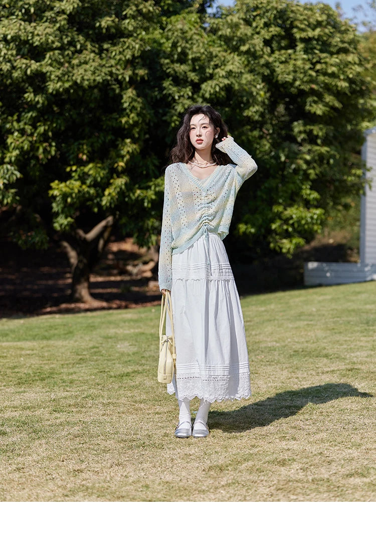 MISHOW Gradient Blue Green Knitted Sweater Women 2025 Autumn Long Sleeve V-neck Drawstring Tops New Fashion Sweaters MXE16Z1171