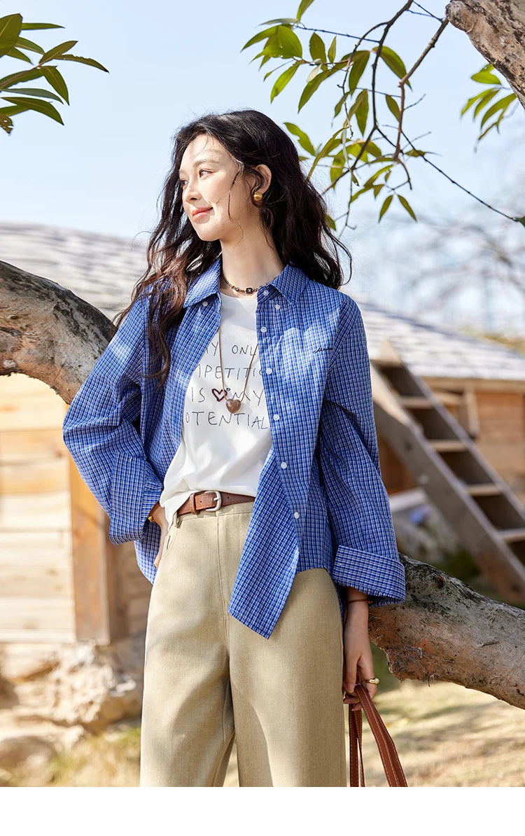 MISHOW Fashion Retro Blue Checkered Shirt Women's Autumn New Loose Casual Lapel Cotton Shirts Long Sleeves Tops Women MXE11C0398