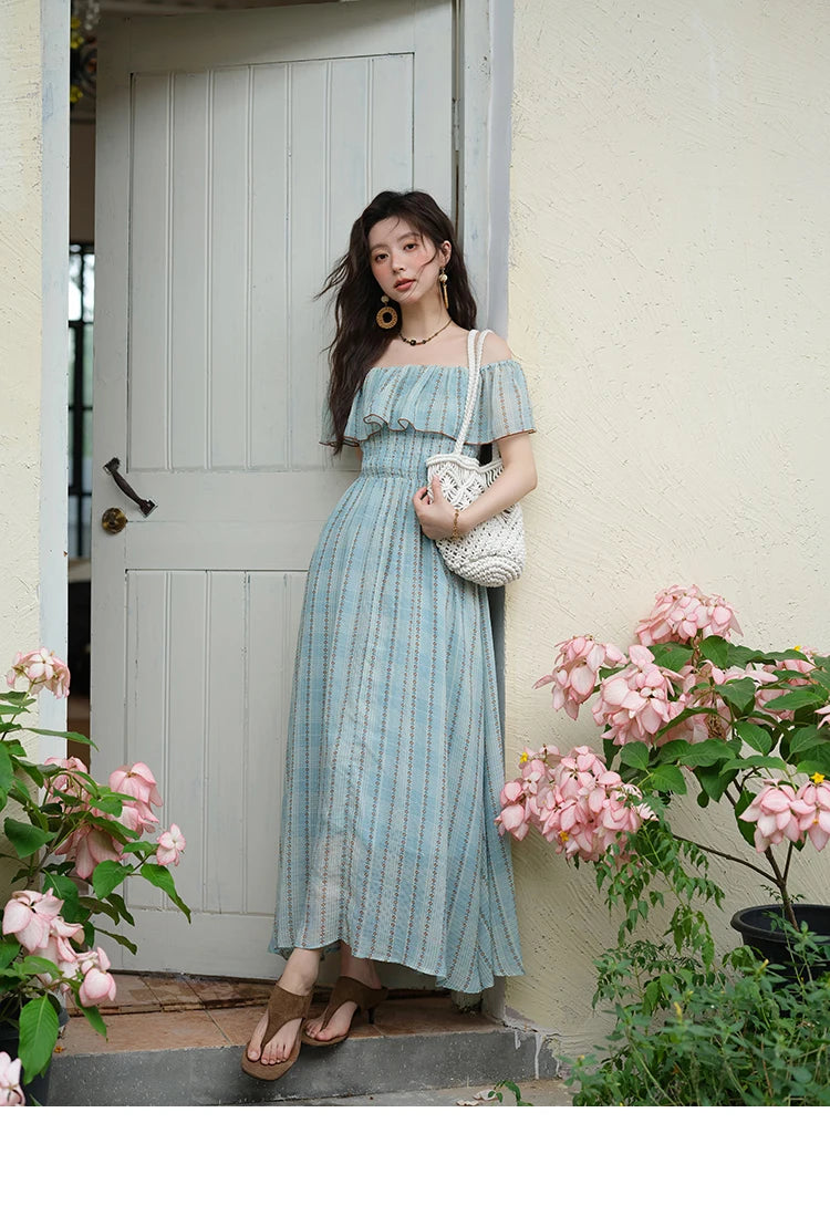 MISHOW Women's Fashion Slash Neck Chiffon Dress 2025 Ladies Elegant Vacation Striped French Dresses Female Clothing MXE39L2380