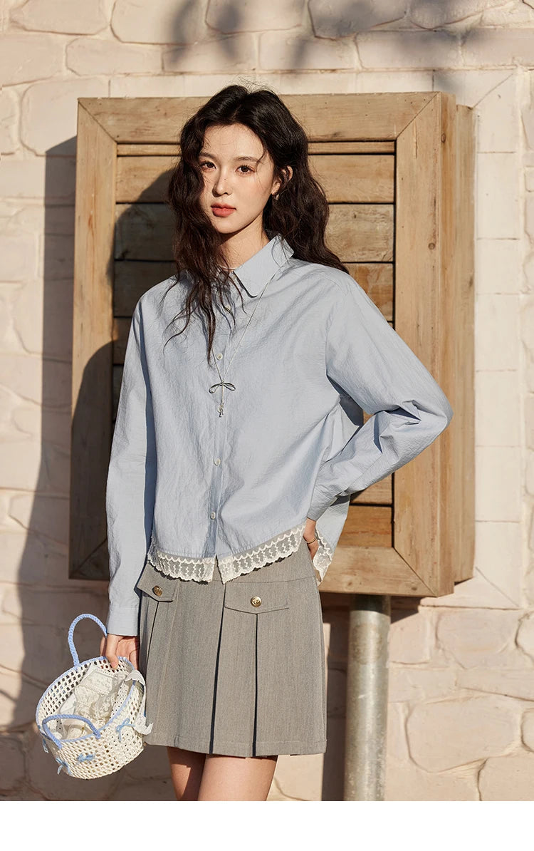 MISHOW Women's 100 Cotton Blue Shirt Spring 2025 Hem Lace Shirt Lapel Collar Commute Top Casual Solid Loose Shirts MXE12C0410