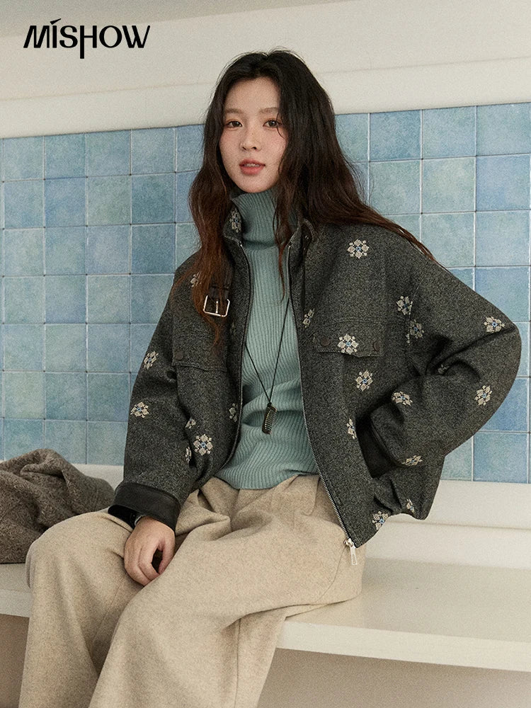 MISHOW Women's Wool Blend Jacket 2025 Winter Retro Small Flower Embroidery Decorated Coat Turtleneck Zipper Jacket MXE86W0906