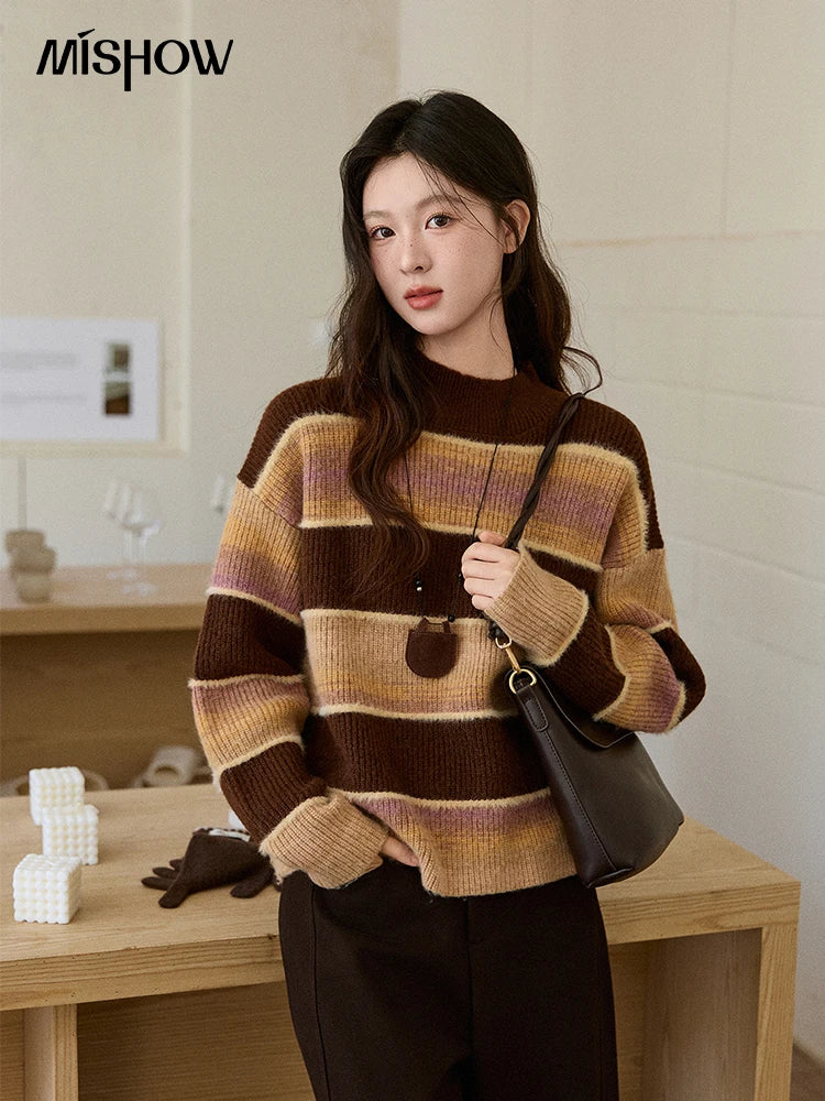 MISHOW Women's French Striped Gradient Sweater 2025 Winter Faux Mink Fleece Sweater Thick Casual Warm Knitted Top MXE94Z2891