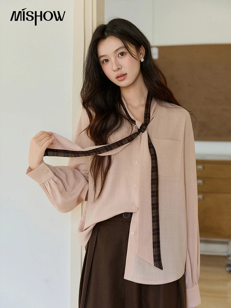 MISHOW Women's Dusty Pink Shirts Spring Plaid Tie Neck Loose Casual Shirt 100 Lyocell Lantern Sleeve Top Office Lady MXF108C0817