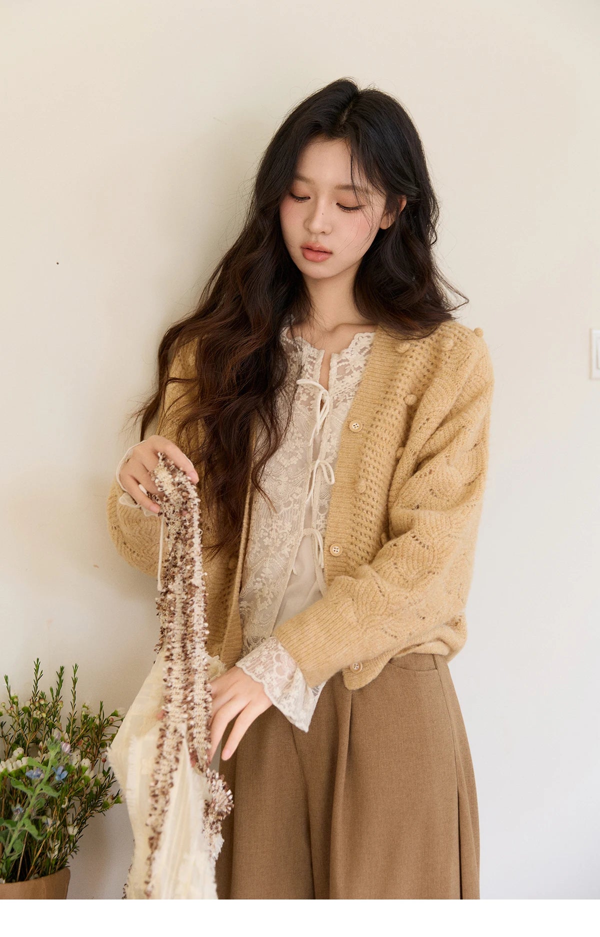 MISHOW Women's Solid Hollow-out Knit Thin Cardigan 2026 Spring V-Neck Bobble Knit tops Casual Loose Knitted Sweater MXF108Z1020