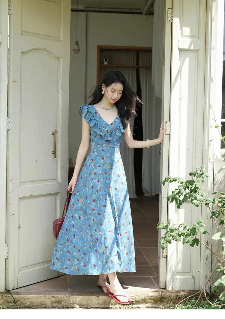 MISHOW Women's Fashion V-neck Ruffled Floral Dress Summer 2025 Flying Sleeve Waist Lace Up Casual Vacation Dresses MXE39L2436