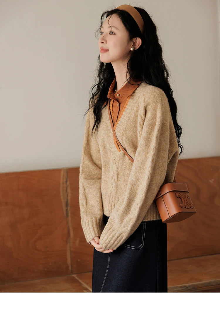 MISHOW Vintage Sweater False Two-piece Sweet Fashion V-neck Knitwear 2024 Fall New Vintage Versatile Sweater Tops MXD42Z0695