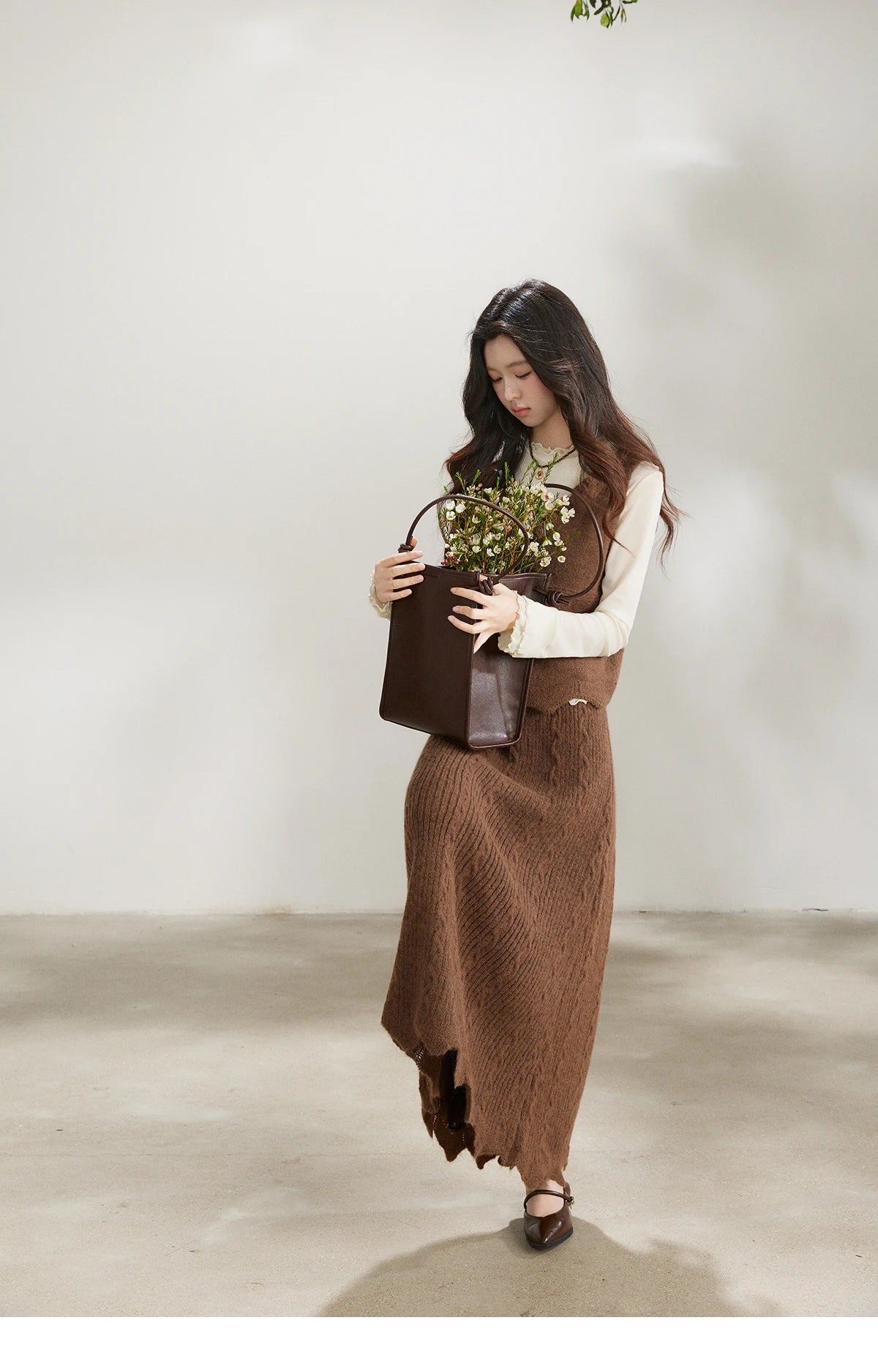 MISHOW Women's Brown Two-Piece Set 2026 Spring Knitted Vest V-Neck Cable Knit Maxi Skirt Casual Retro Warm Outfit MXF11T1460