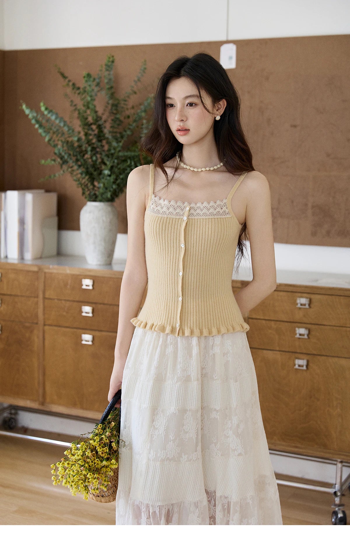 MISHOW Women's Yellow Two-Piece Set 2026 Spring Ruffled Hem Camisole Lace Trim Knitted Cardigan Casual Slim Outfit MXF11T1472