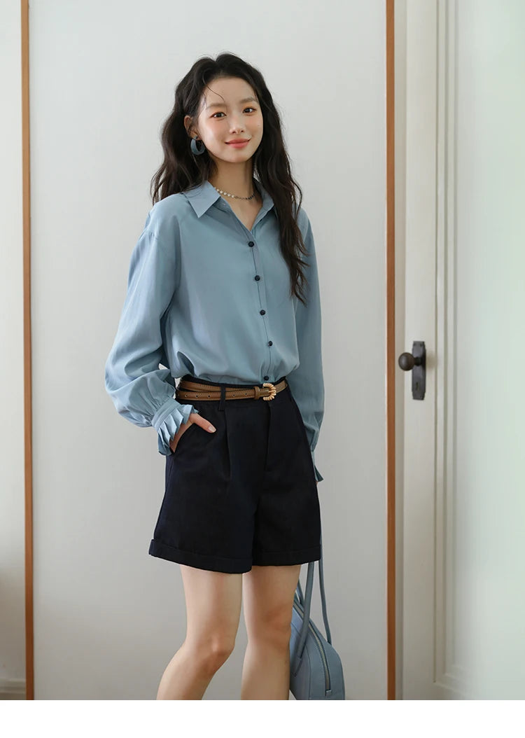 MISHOW Women's Shirts 2025 Autumn Color Blocking Buttons Pleated Cuffs Loose Top Female Solid Lapel Commuting Shirts MXE41C2352