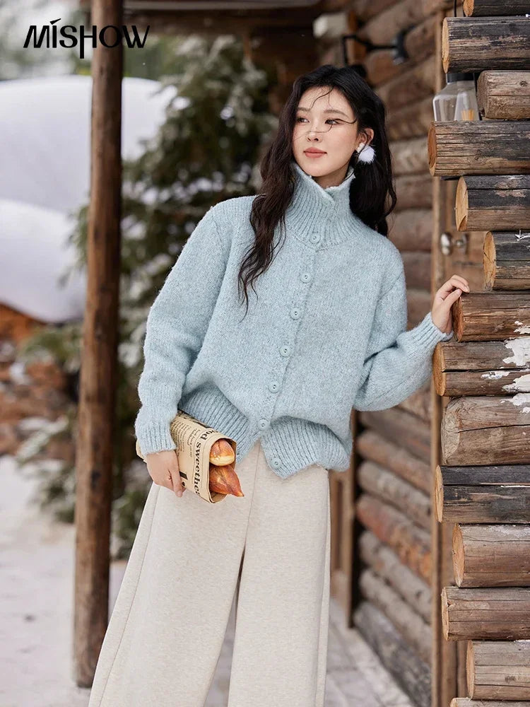 MISHOW Turn Down Collar Wool Blend Sweater Women Solid Single-breasted Tops Thickened Warm Versatile Knitted Cardigan MXD59Z1136