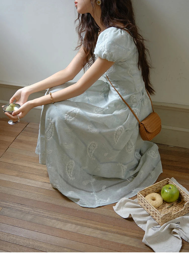 MISHOW Fashion Embroidery A-line Dress for Women 2025 Summer Puff Sleeve Square Neck Vacation Dresses Female Clothing MXE34L2265