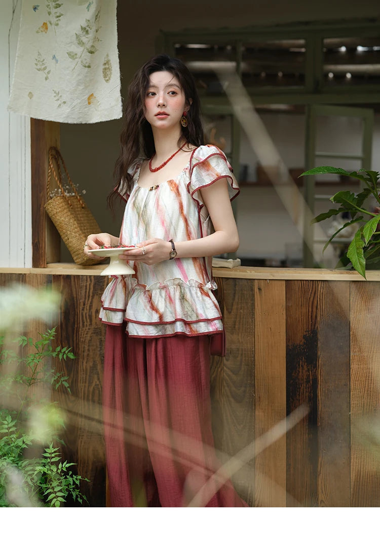 MISHOW Women's Retro Stripe Print Blouse 2025 Summer New Fashion O-Neck Butterfly Sleeve Ladies Casual Patchwork Top MXE38X1862