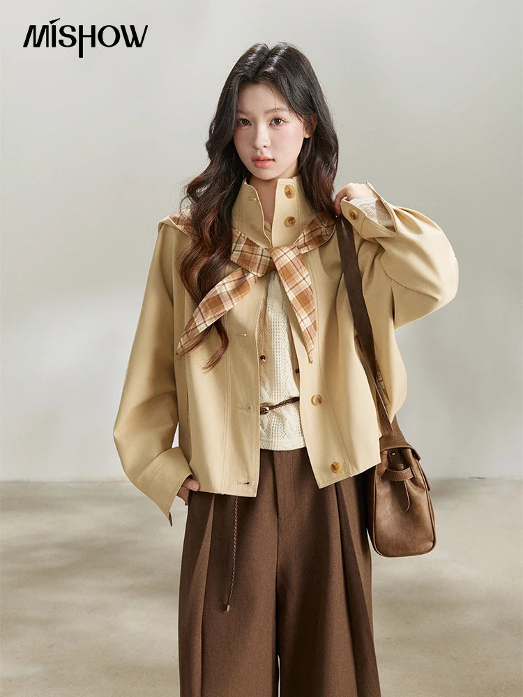 MISHOW Women's Khaki Cropped Trench Coat Spring Lapel Stand Collar Coats Removable Plaid Cap Casual Loose Jacket MXF108W1003