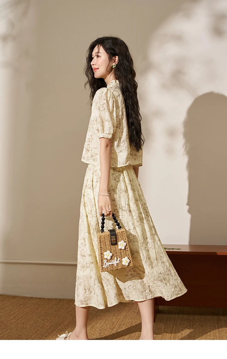 MISHOW Chinese Chiffon Embroidered Shirt A-line Skirt Separately Summer Puff Sleeve Top Rear Elastic Waist Skirt MXD24X1405