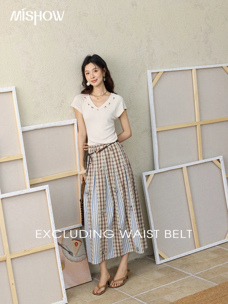 MISHOW Retro Plaid Patchwork Pleats Skirt Summer 2025 Versatile Flowers Slim Skirt A-LINE Skirts Excluding Waist Belt MXE35B0726