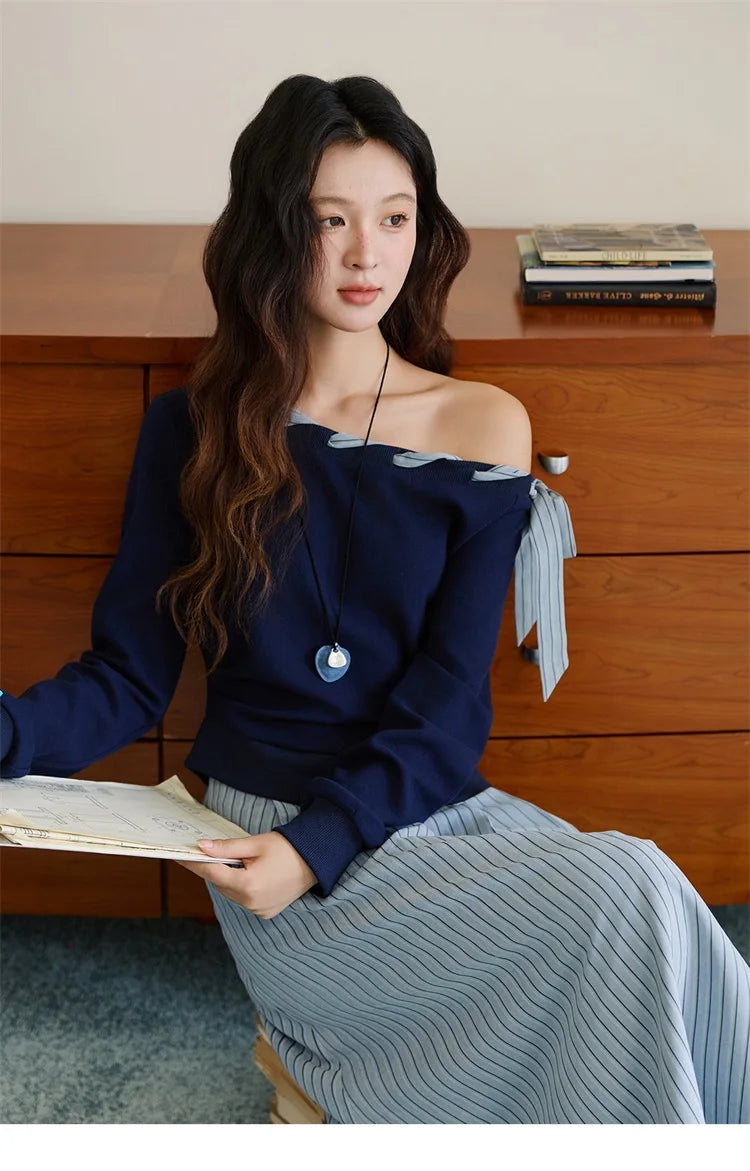 MISHOW Woman Striped Dress 2025 Autumn Blue Navy Slash Neck Contrast Lace Long-sleeved Dress Sexy Clothes for Women MXE45L2516