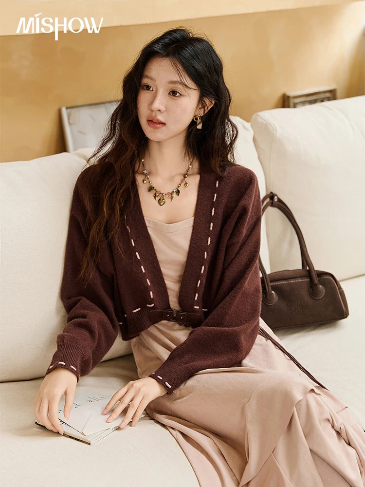MISHOW Knitted cardigan camisole Dress Two-piece Set Autumn Frosted Velvet Retro Top Contrasting Design Dress Sets MXE47T1382