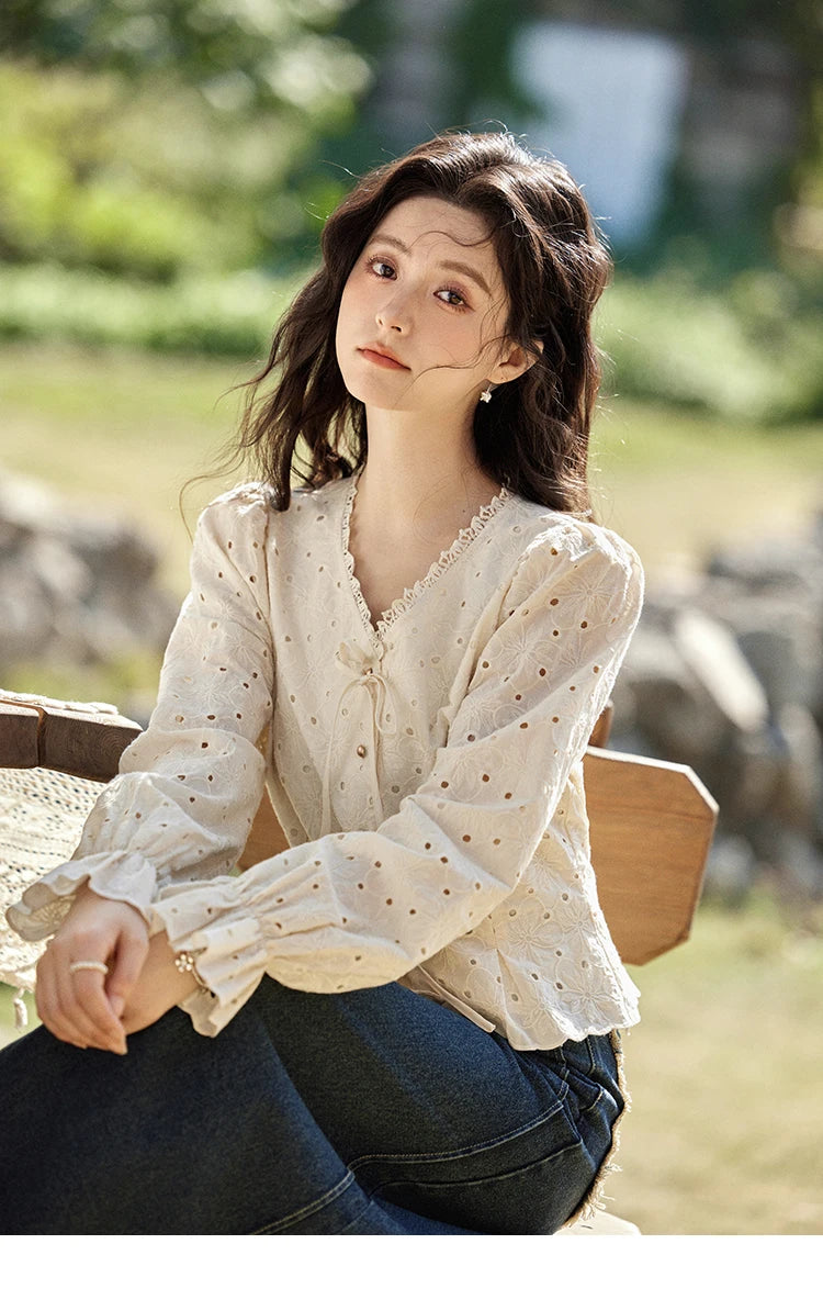 MISHOW Hollow Lace Shirt for Women Spring 2025 French Retro Lace100 Cotton Shirt V Neck Waist Elastic Cuffs Blouses MXE12X1710