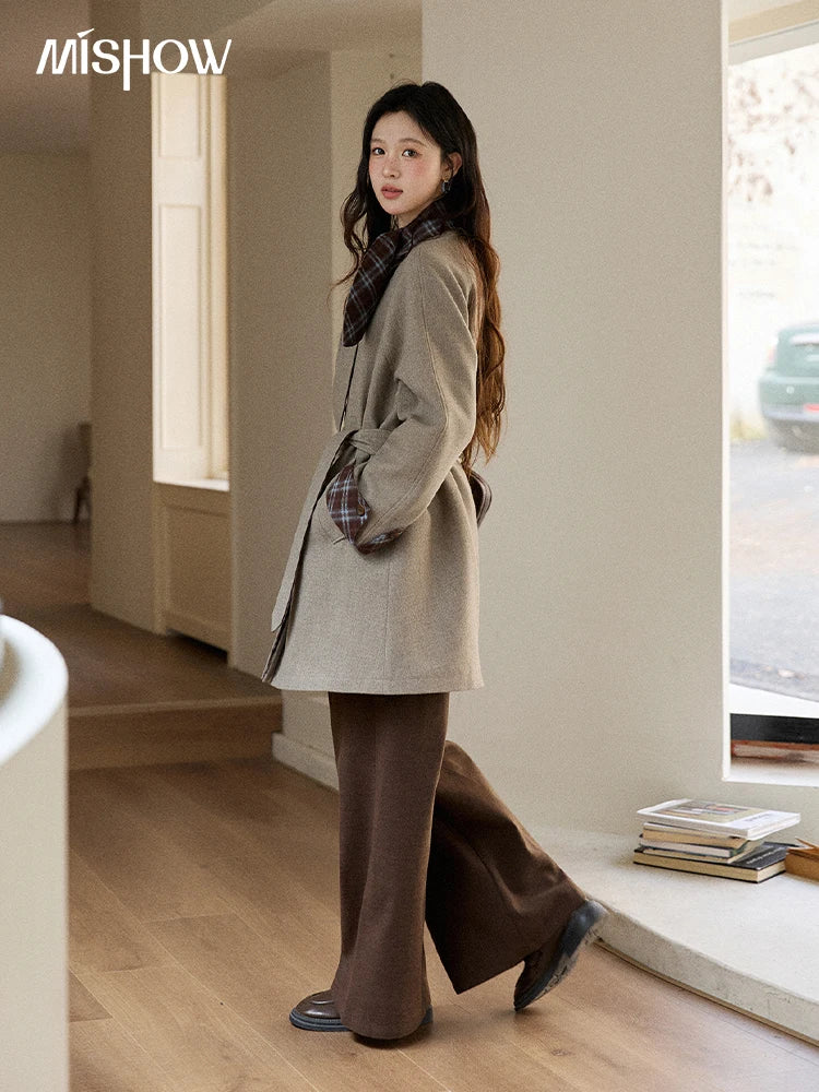 MISHOW Retro British Plaid Patchwork Woolen Coat Winter 2025 Rabbit Ear Tie Collar Waist Cinching Belt Woolen Coats MXE90W0924