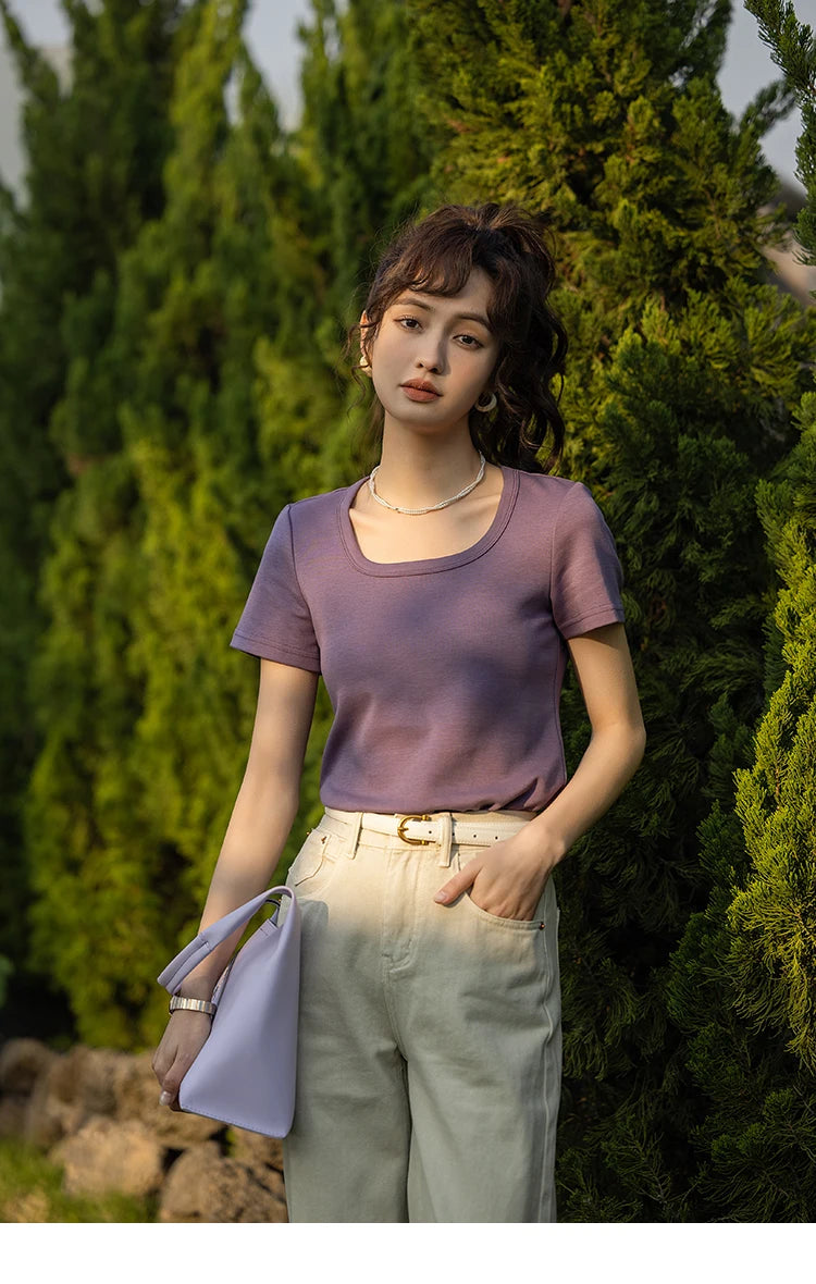 MISHOW Short Sleeve T-shirts Women Spring Solid Square-neck Top Elegant Woman Clothes Office Lady Cotton Tees MXC12T0641