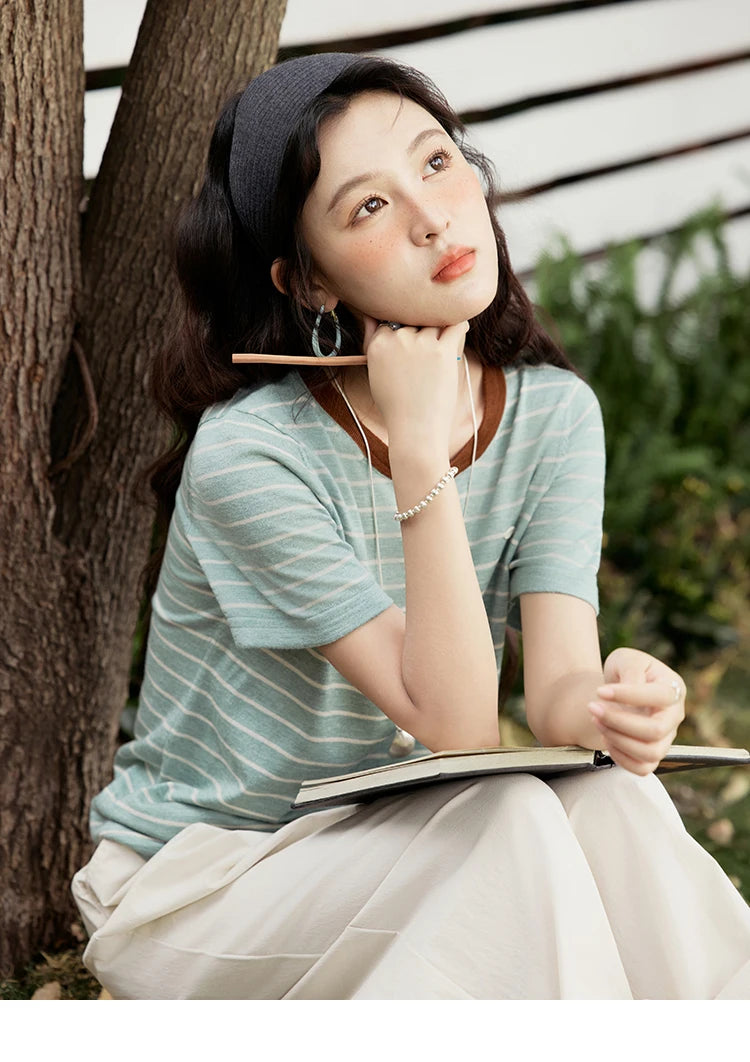 MISHOW Striped Knitted T-shirt for Women Summer 2025 Color Contrasting Round Neck Tees Wool Blended Slim Casual Top MXE35Z1270