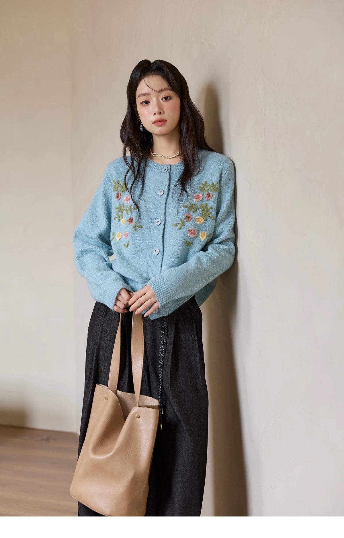 MISHOW Blue Floral Embroidered Cardigan for Women 2025 Autumn Winter New Loose Crew Neck Long Sleeves Sweater Wool MXE51Z2695