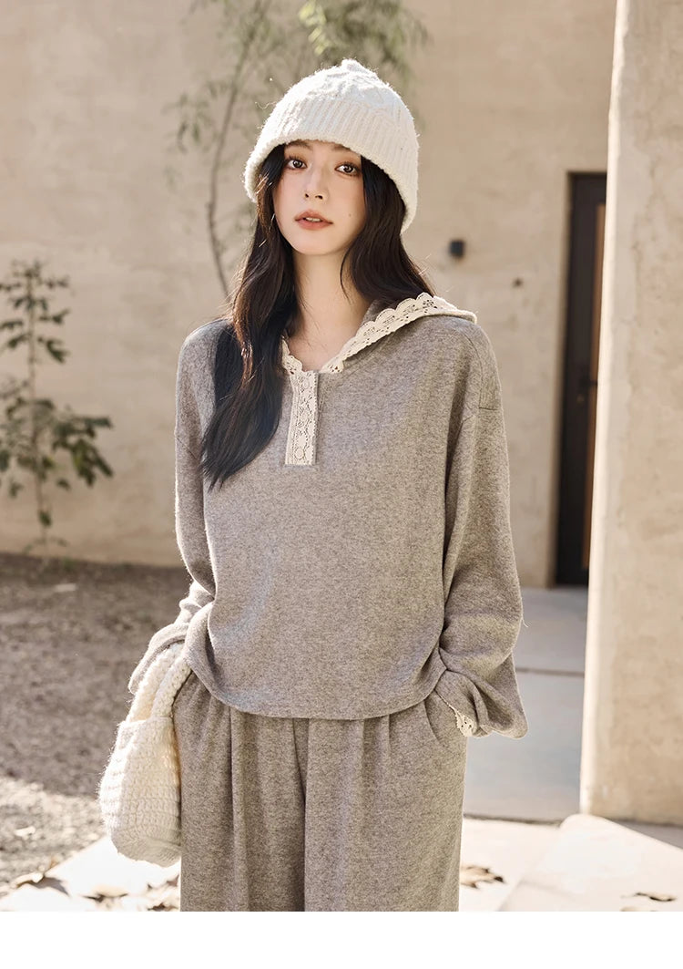 MISHOW Women's Sweatshirt Wide Leg Pants Separately 2025 Fall Winter Lace Splicing Hooded Casual Elastic Waist Pants MXD34V0098