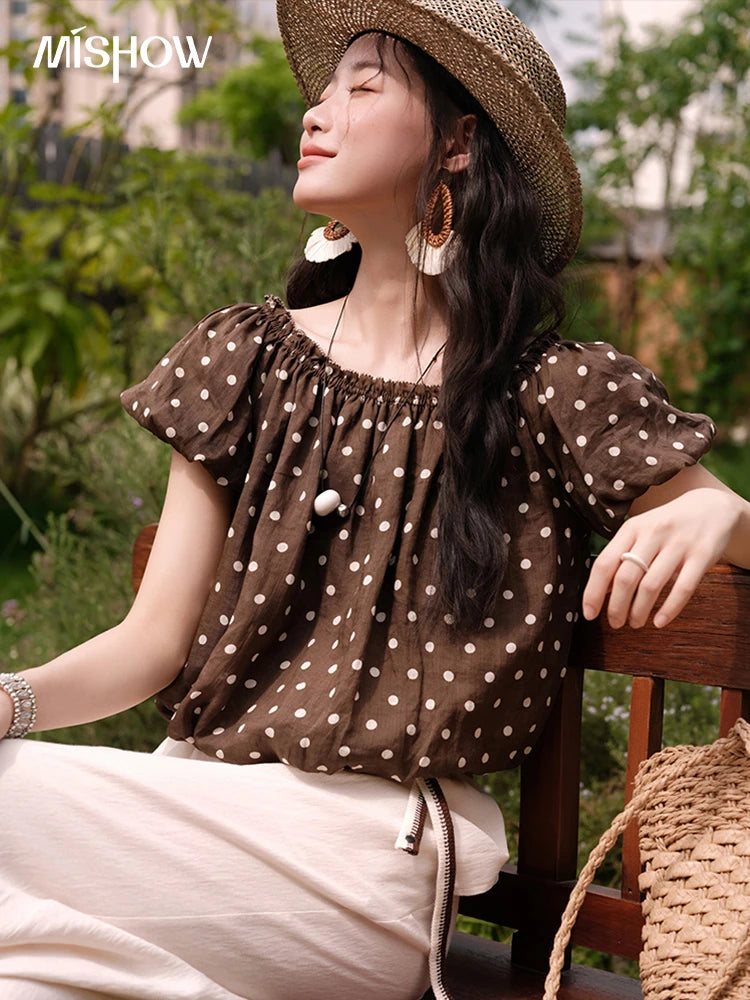 MISHOW Women's Two-Piece Set Fashion Polka Dot One Shoulder Puff Sleeve Blouse Summer 2025 Casual Wide Leg Pants Set MXE38T0683