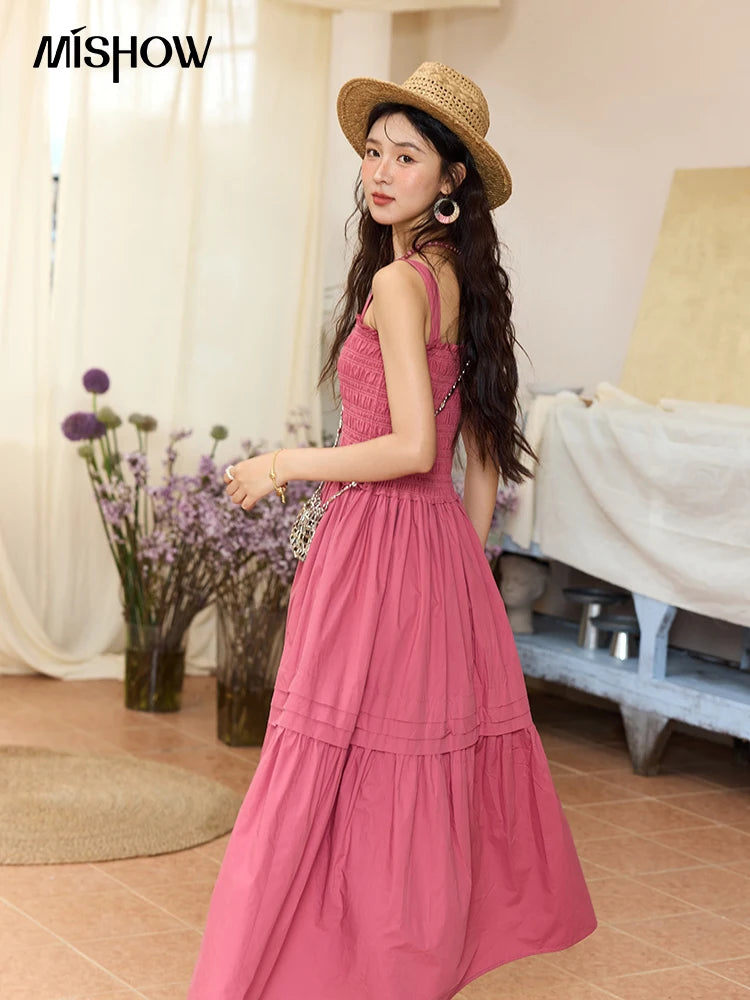 MISHOW Sling Square Collar Dress for Women 2025 Summer High Waist Pocket Fashion A-line Long Dress Ladies Clothing MXE36L2319