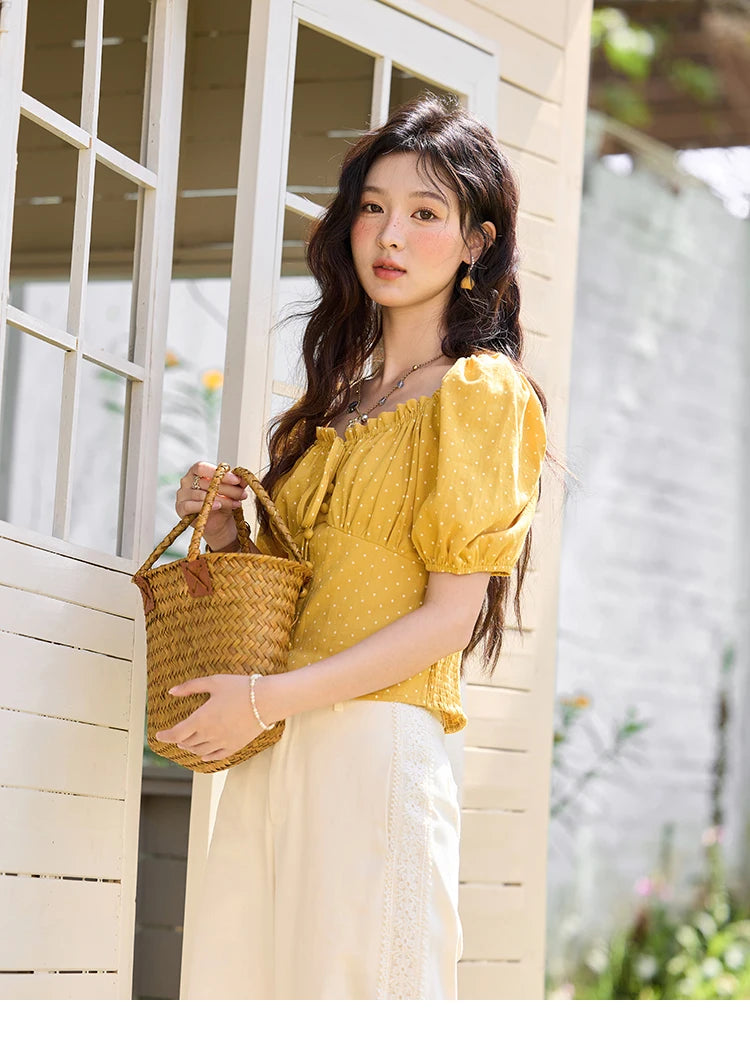 MISHOW Yellow Polka Dot One Shoulder Blouses for Women Summer 2025 Back Elastic Vintage 100 Cotton Top Lace-up Blouse MXE35X1840