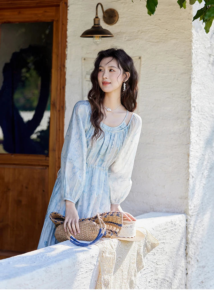 MISHOW Printed Blue Blending Chiffon Vacation Dress Spring 2025 Drawstring Waist Long Dress Lantern Sleeve Dresses MXE16L2114