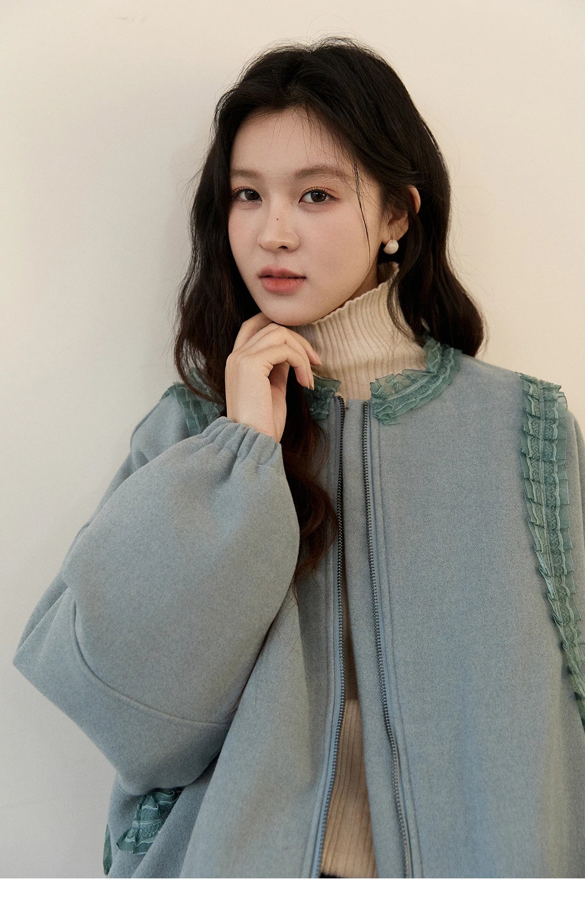 MISHOW Women's Light Blue Down Coats Winter Lace Decor Zipper Puff Sleeve Coats O Neck Loose Casual Warm Outerwear MXE94W1048