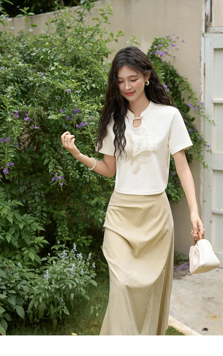 MISHOW Chinese Stand Collar Top Pleated Skirt Separately 2024 Summer Short Ink Painting Printed T-shirt A-line Skirt MXD27T0272