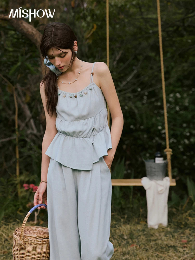 MISHWO Office Lady Summer Camisole Pant Sets for Women 2025 Solid Sleeveless Tops High Waist Loose Pants Female New MXE33T0547