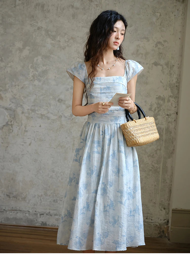 MISHOW Women's Fashion Print Dress 2025 Summer Square Neck Flying Sleeve Vacation High Waist Dresses Women's Clothing MXE35L2274