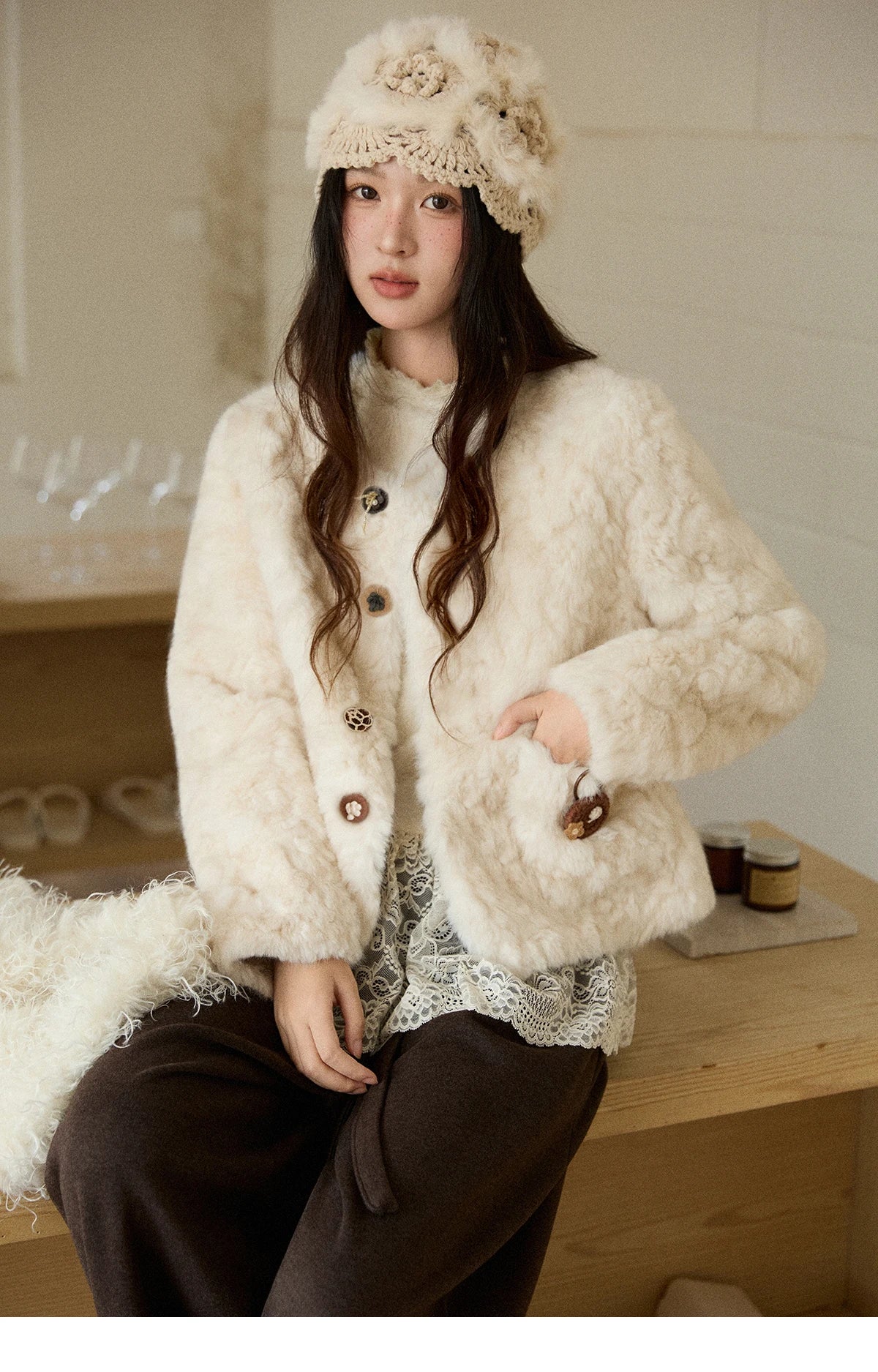 MISHOW Women's Winter Jacket 2025 Sweet Pink Faux Rabbit Fur Coat with Pockets Handcrafted Vintage Buttons Outerwear MXE87W0990