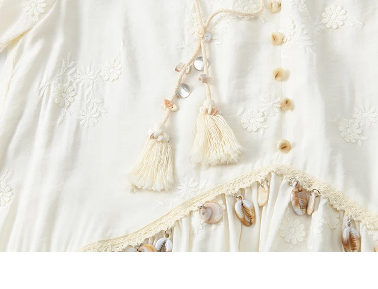 MISOHW Bohemian Solid Women's Summer Dress New 2025 Short Sleeve V-neck Shell Lace Midi Dresses for Woman Fashion MXE33L2195