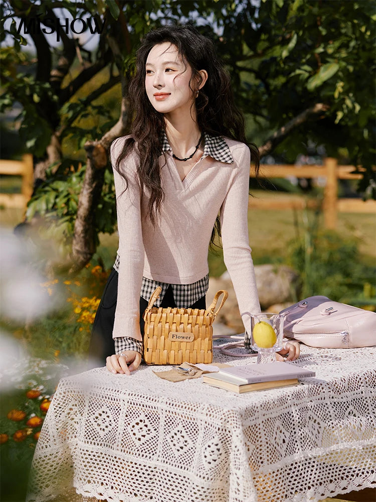 MISHOW Plaid Splicing Fake Two-piece Tops for Women Spring 2025 Contrasting Colors Slim Thin Top V-neck Casual Tees MXE13Z1108